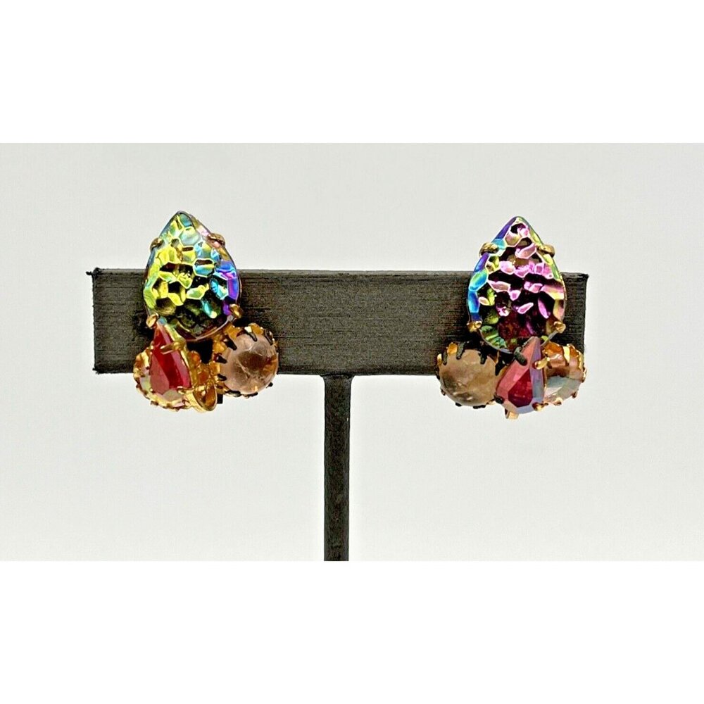 Vintage West Germany Earrings Lava Rock Peacock Glass Clip Earrings Gold Tone 1"